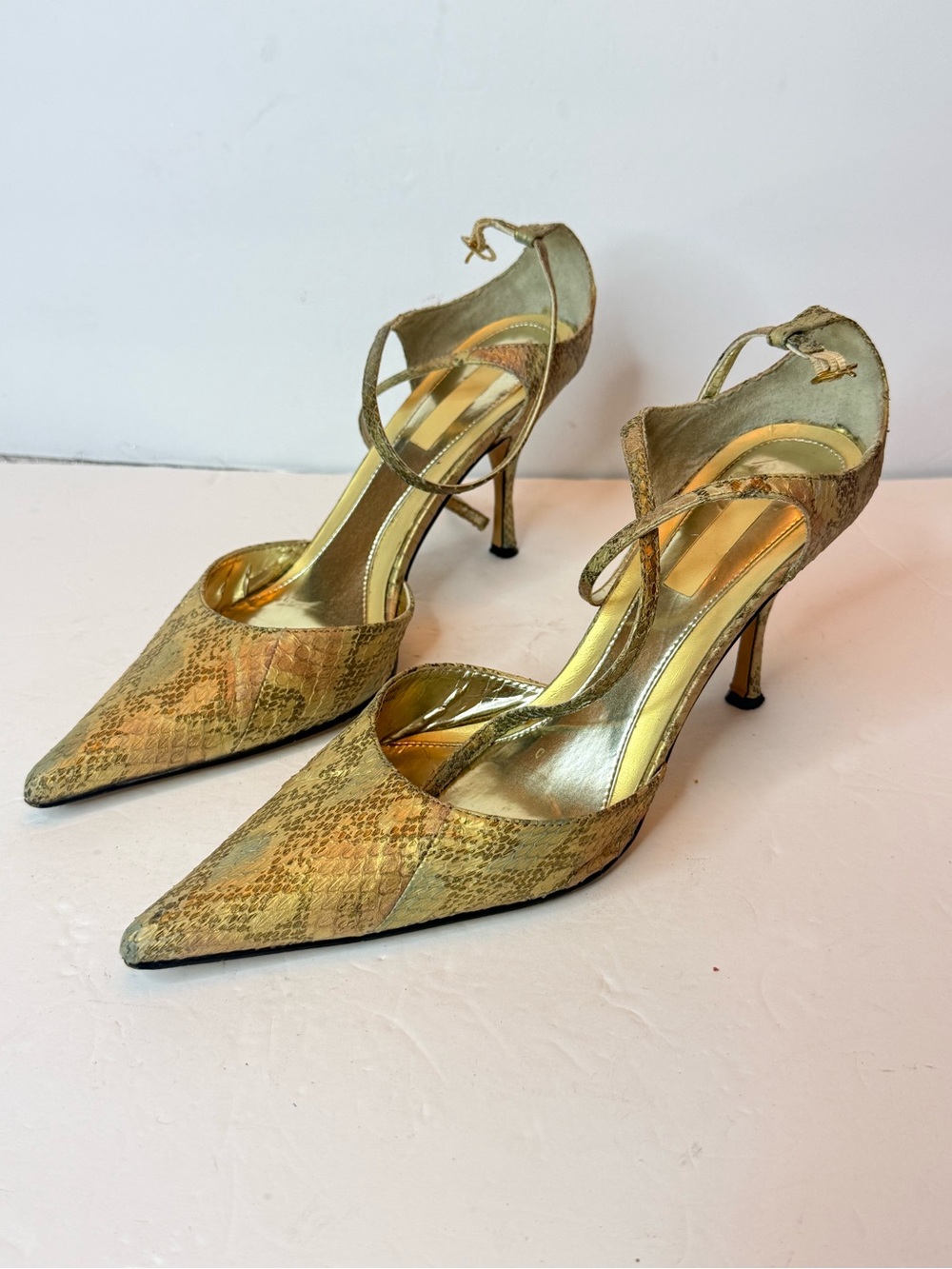 Y2K Ann Marino Gold Snakeskin-Pattern Pointed-Toe Heels with Ankle Strap
